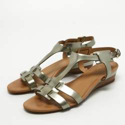 Tod's Metallic Leather Wedge Ankle Strap Sandals Size 36.5
