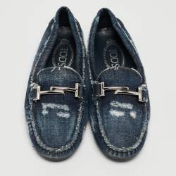 Tod's Navy Blue Denim Double T Slip On Loafers Size 36