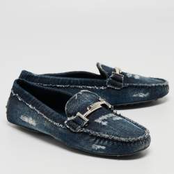 Tod's Navy Blue Denim Double T Slip On Loafers Size 36