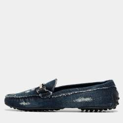 Tod's Navy Blue Denim Double T Slip On Loafers Size 36