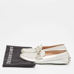 Tod's Silver Leather Crystal Embellished Double T Slip On Loafers Size 36