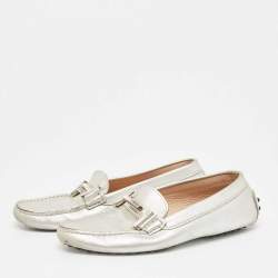 Tod's Silver Leather Crystal Embellished Double T Slip On Loafers Size 36