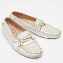 Tod's Silver Leather Crystal Embellished Double T Slip On Loafers Size 36