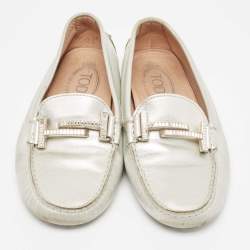 Tod's Silver Leather Crystal Embellished Double T Slip On Loafers Size 36