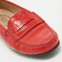 Tod's Red Croc Embossed Leather Penny Slip On Loafers Size 36