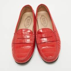 Tod's Red Croc Embossed Leather Penny Slip On Loafers Size 36