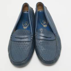Tod's Navy Blue Leather Laser Cut Penny Loafers Size 38