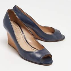 Tod's Navy Blue Leather Peep Toe Wedge Pumps Size 38