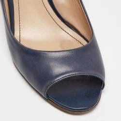 Tod's Navy Blue Leather Peep Toe Wedge Pumps Size 38