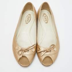 Tod's Beige Leather Bow Peep Toe Ballet Flats Size 37.5