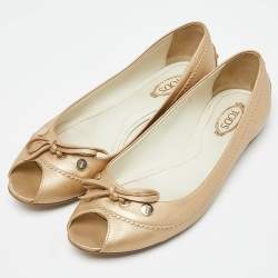 Tod's Beige Leather Bow Peep Toe Ballet Flats Size 37.5