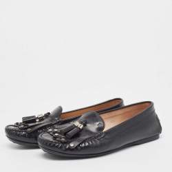 Tod's Black Patent Leather Tessal Fringe Detail Slip On Loafers Size 38.5