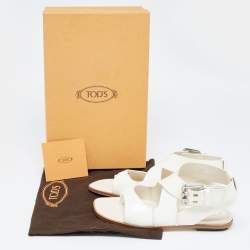 Tod's Cream Patent Leather Cross Strap Flat Sandals Size 36.5