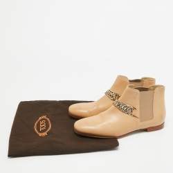 Tod's Beige Leather Chain Detail Ankle Boots Size 35.5