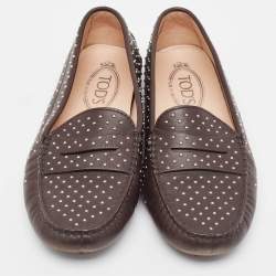 Pre Owned Tod's Brown Leather Embellished Slip On Loafers Size 38.5