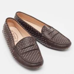 Pre Owned Tod's Brown Leather Embellished Slip On Loafers Size 38.5
