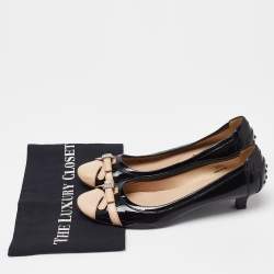 Tod's Black/Beige Leather and Black Patent Cap Toe Bow Pumps Size 38.5