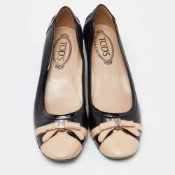 Tod's Black/Beige Leather and Black Patent Cap Toe Bow Pumps Size 38.5