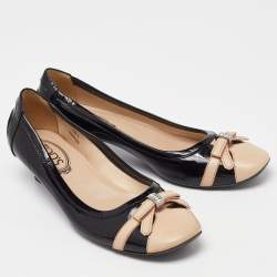 Tod's Black/Beige Leather and Black Patent Cap Toe Bow Pumps Size 38.5