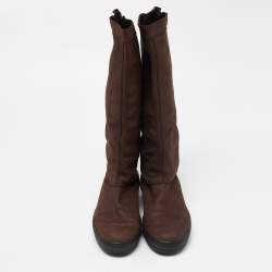 Pre Owned Tod's Brown Nubuck Leather Calf Length Boots Size 40.5