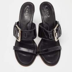 Tod's Black Patent Leather Buckle Detail Open Toe Sandals Size 40