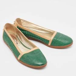 Pre Owned Tod's Green/Tan Snakeskin And Leather Loafers Size 35.5
