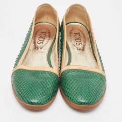 Pre Owned Tod's Green/Tan Snakeskin And Leather Loafers Size 35.5