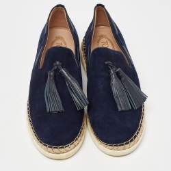 Tod's Blue Suede Fringe Tassel Detail Slip On Loafers Size 41