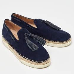 Tod's Blue Suede Fringe Tassel Detail Slip On Loafers Size 41