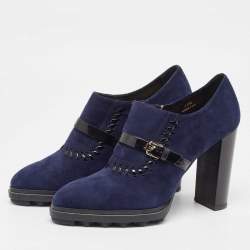 Tod's Navy Blue/Black Suede And Patent Leather Whipstitch Detail Ankle Booties Size 40.5