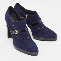 Tod's Navy Blue/Black Suede And Patent Leather Whipstitch Detail Ankle Booties Size 40.5