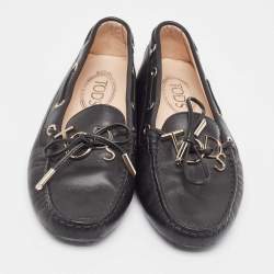 Pre Owned Tod's Black Leather Logo Bow Loafers Size 37.5