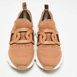 Pre Owned Tod's Brown Knit Fabric Chain Detail Slip On Sneakers Size 39.5
