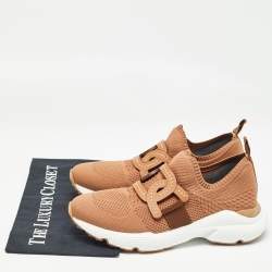 Pre Owned Tod's Brown Knit Fabric Chain Detail Slip On Sneakers Size 39.5