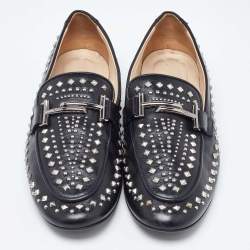 Pre Owned Tod's Black Leather Studded Double T Slip On Loafers Size 40