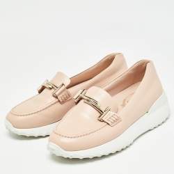 Pre Owned Tod's Pink Leather Double T Slip On Loafers Size 36