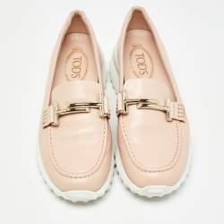 Pre Owned Tod's Pink Leather Double T Slip On Loafers Size 36