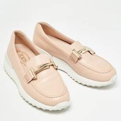 Pre Owned Tod's Pink Leather Double T Slip On Loafers Size 36