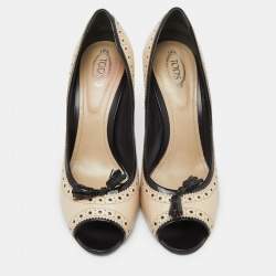 Tod's Cream/Black Brogue Patent and Leather Tassel Peep Toe Pumps Size 39.5