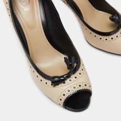 Tod's Cream/Black Brogue Patent and Leather Tassel Peep Toe Pumps Size 39.5