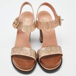 Tod's Brown/Peach Watersnake Leather Block Heel Platform Sandals Size 36