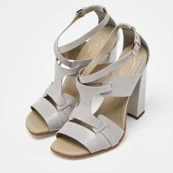 Tod's Grey Leather Cutout Block Heel Ankle Strap Sandals Size 36