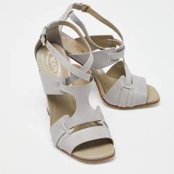 Tod's Grey Leather Cutout Block Heel Ankle Strap Sandals Size 36