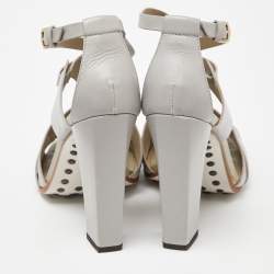 Tod's Grey Leather Cutout Block Heel Ankle Strap Sandals Size 36