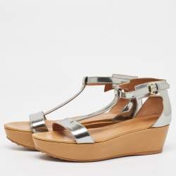 Pre Owned Tod's Sliver Leather Wedge Ankle Strap Sandals Size 39