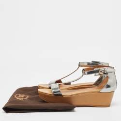 Pre Owned Tod's Sliver Leather Wedge Ankle Strap Sandals Size 39