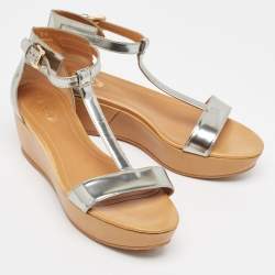 Pre Owned Tod's Sliver Leather Wedge Ankle Strap Sandals Size 39