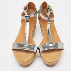Pre Owned Tod's Sliver Leather Wedge Ankle Strap Sandals Size 39