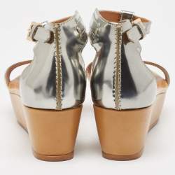 Pre Owned Tod's Sliver Leather Wedge Ankle Strap Sandals Size 39
