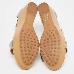 Pre Owned Tod's Sliver Leather Wedge Ankle Strap Sandals Size 39